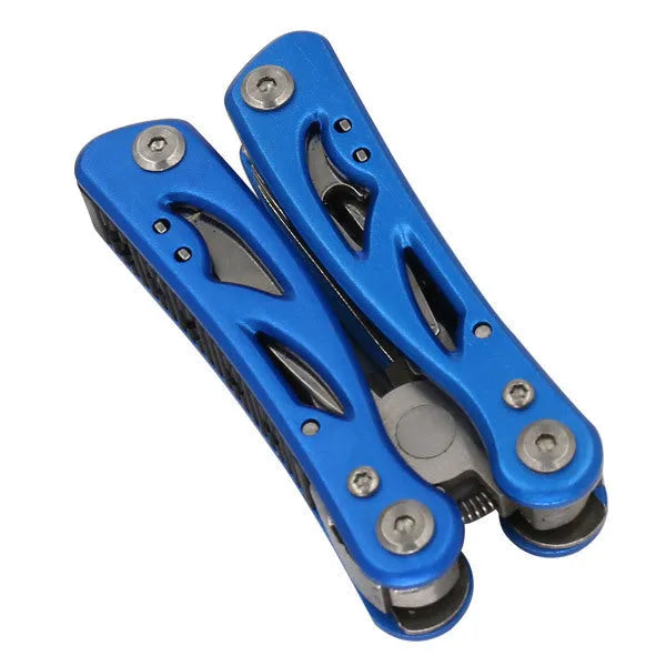 Blue pliers with integrated fruit knife and folding stainless steel construction for outdoor adventure tools, portable multi-function pliers measuring 125mm full length with aluminium handles and compact 7x3x1.5cm folded size weighing 83g