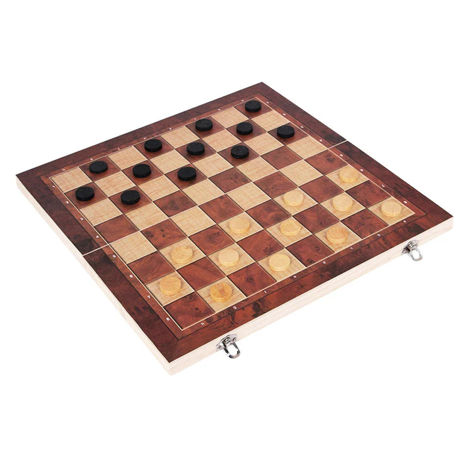 A high-quality wooden 3-in-1 portable game set including backgammon, chess, and checkers for travel and entertainment