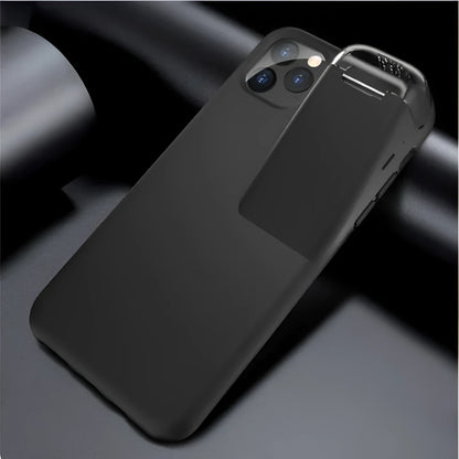 Black matte acrylic and silicone 2-in-1 case holding an iPhone and an AirPods charging case.