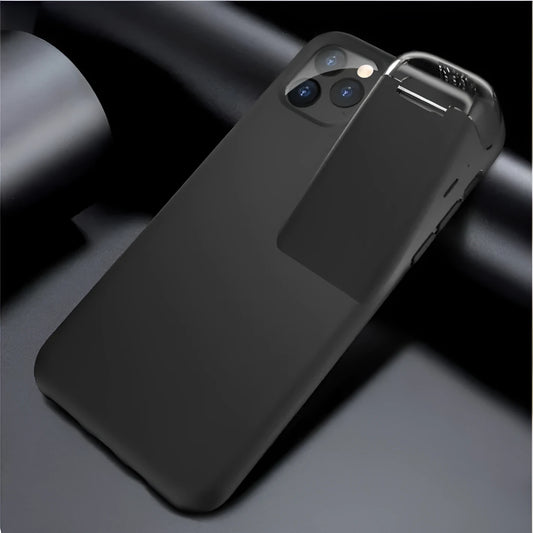 Black matte acrylic and silicone 2-in-1 case holding an iPhone and an AirPods charging case.