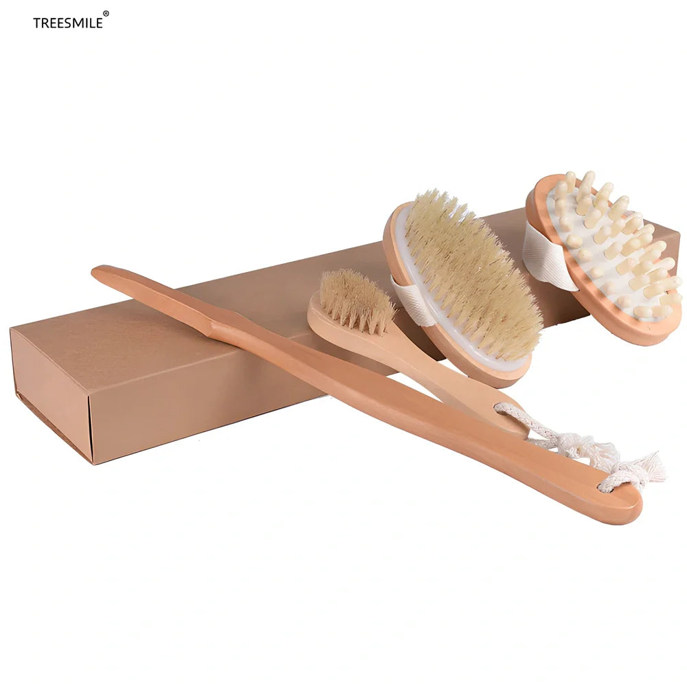 Lotus wood bathroom brush set with massage head, bath brush, and face brush in kraft paper box
