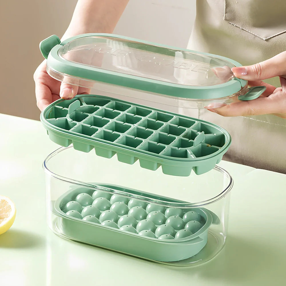 Portable ice box with silicone grid producing 54 ice cubes, showing beige and fresh green colour options