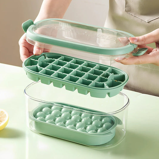 Portable ice box with silicone grid producing 54 ice cubes, showing beige and fresh green colour options