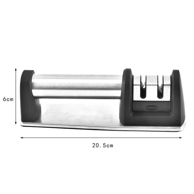 Black ABS plastic manual kitchen knife sharpener with an ergonomic handle.