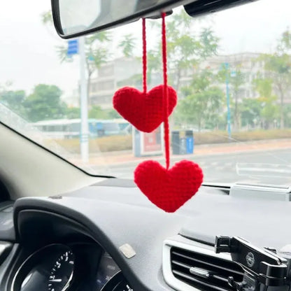 Green and white knitting wool car plant decoration with 8cm base and 25cm hanging rope