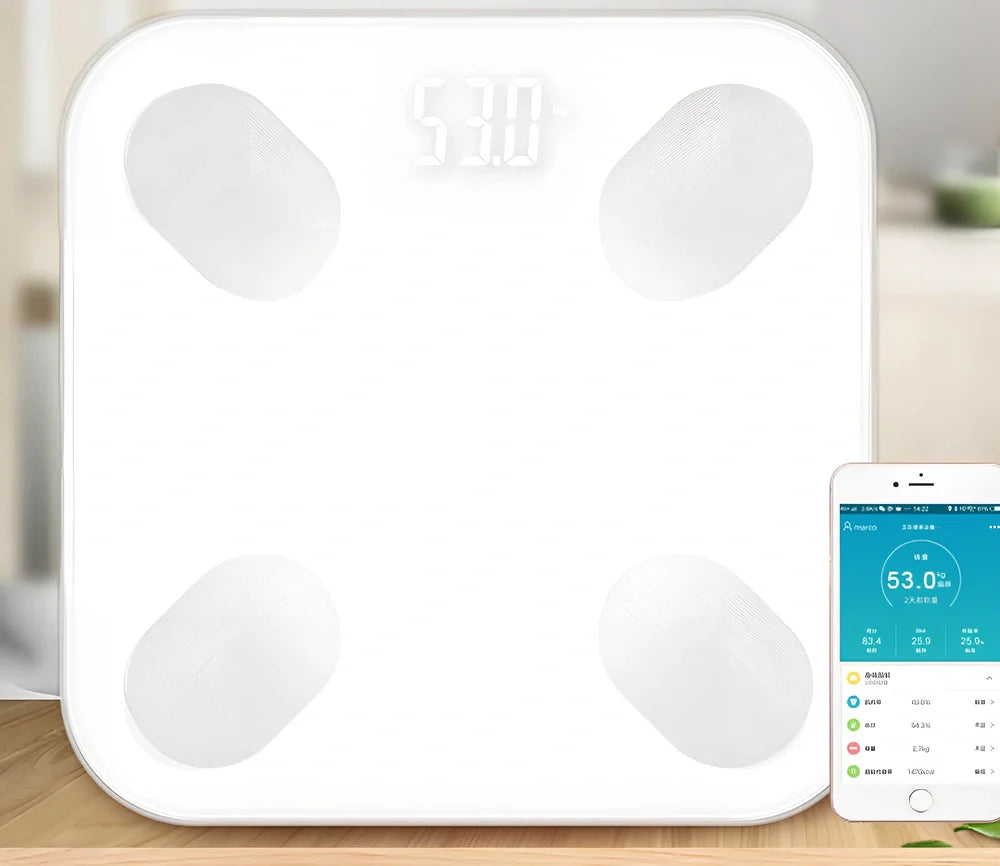 White Bluetooth body fat scale, 260 x 260 mm platform, measures weight water fat calories