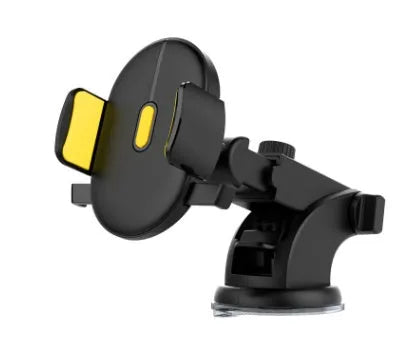 Yellow and black car phone holder with telescopic arm extended, gel pad, and 360-degree rotation on a dashboard