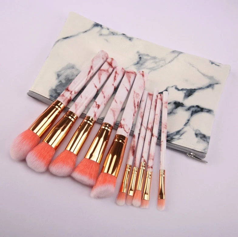 10-piece marble makeup brush set with 5 large and 5 small brushes for flawless application