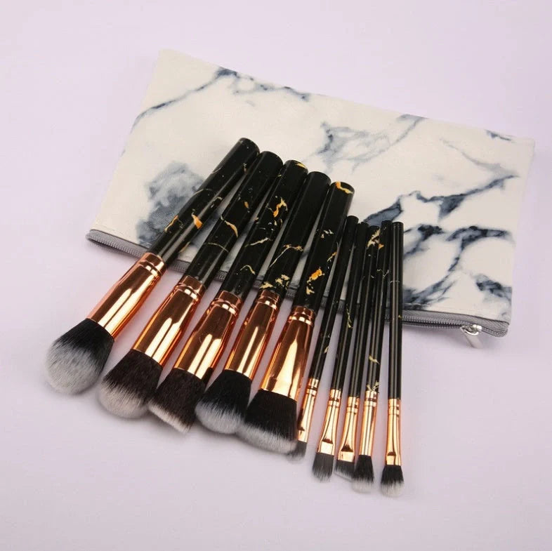 10-piece marble makeup brush set with 5 large and 5 small brushes for flawless application