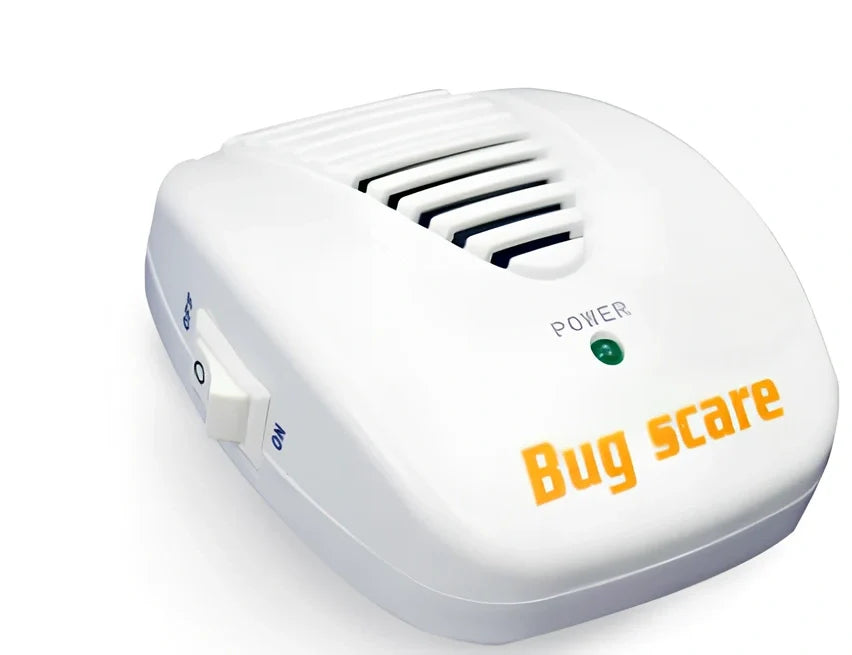 Ultrasonic electronic pest repeller device measuring 10x7x5cm with LED indicator lights