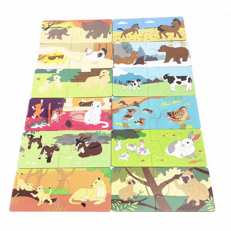 French language learning puzzle toy made from paper plate with 12 pairs of mosaics, 24 patterns and 24 French words for children over 2 years old to learn vocabulary through matching picture cards in a game for 1-4 players with instruction manual