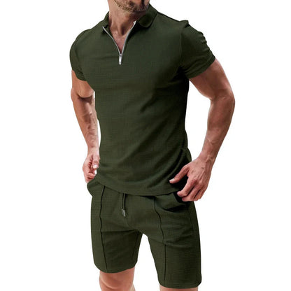 Men's waffle texture summer outfit set with zipper lapel top and drawstring shorts