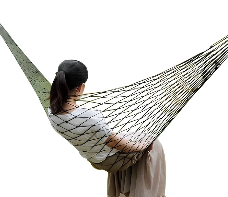 Nylon rope mesh hammock with steel hoops showing breathable construction and compact folded size