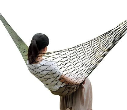 Nylon rope mesh hammock with steel hoops showing breathable construction and compact folded size