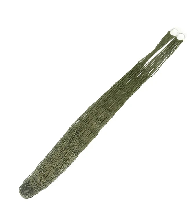 Nylon rope mesh hammock with steel hoops showing breathable construction and compact folded size