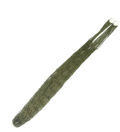 Nylon rope mesh hammock with steel hoops showing breathable construction and compact folded size