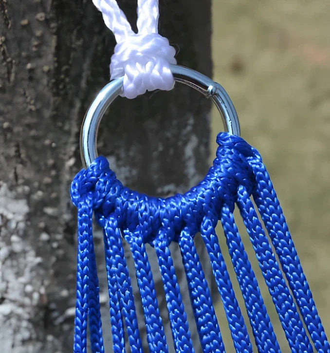 Nylon rope mesh hammock with steel hoops showing breathable construction and compact folded size