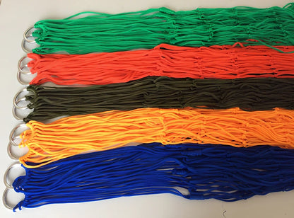 Nylon rope mesh hammock with steel hoops showing breathable construction and compact folded size