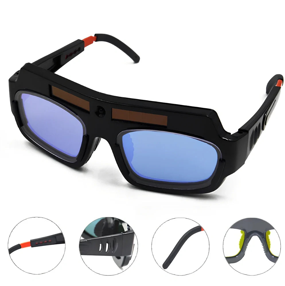 Solar auto-darkening welding glasses with reinforced lens and anti-scraping coating