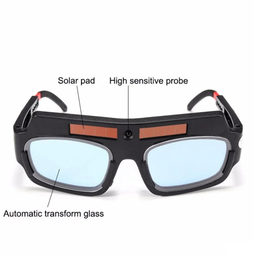 Solar auto-darkening welding glasses with reinforced lens and anti-scraping coating