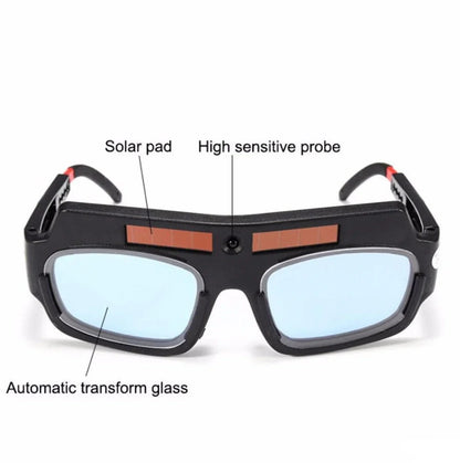 Solar auto-darkening welding glasses with reinforced lens and anti-scraping coating