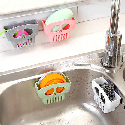 Halloween plastic drain rack in gray holding sponge, dish cloth and soap, 25cm long with punch holes for drainage