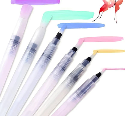 Set of 6 watercolour brush pens with translucent barrels showing water levels and various tip sizes