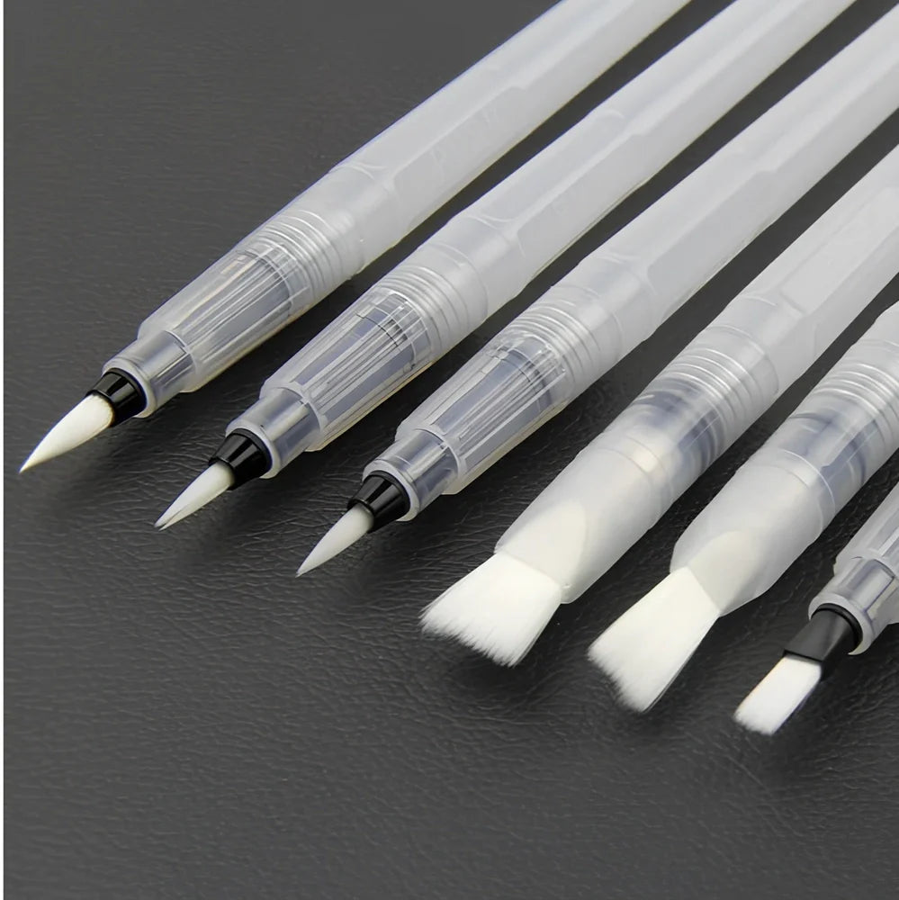 Set of 6 watercolour brush pens with translucent barrels showing water levels and various tip sizes