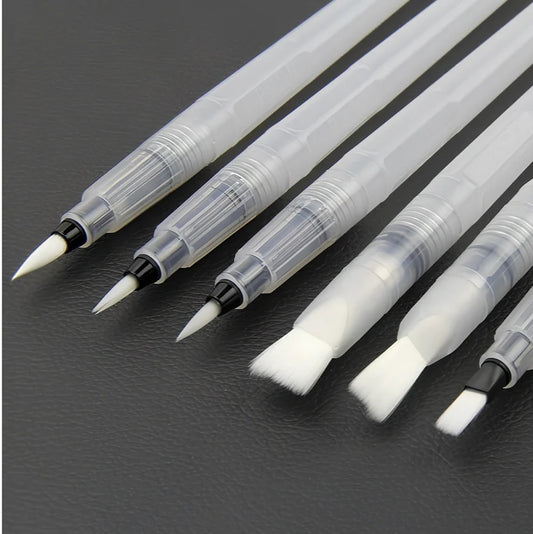 Set of 6 watercolour brush pens with translucent barrels showing water levels and various tip sizes