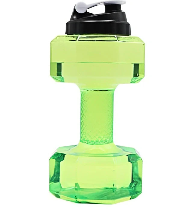 Yellow dumbbell-shaped water bottle with 2.5-litre capacity and integrated handles for gym use