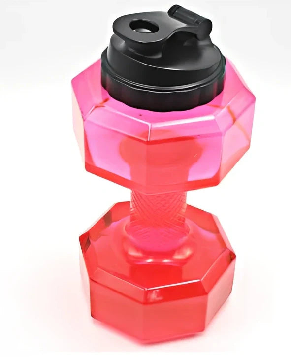 Yellow dumbbell-shaped water bottle with 2.5-litre capacity and integrated handles for gym use