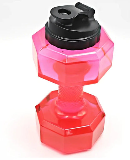 Yellow dumbbell-shaped water bottle with 2.5-litre capacity and integrated handles for gym use