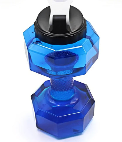 Yellow dumbbell-shaped water bottle with 2.5-litre capacity and integrated handles for gym use