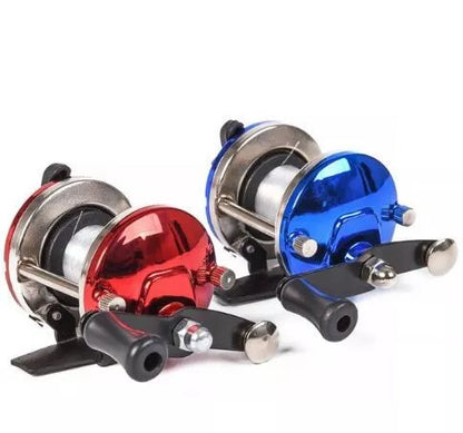 Mini metal fishing reel with red and blue electroplated finish, 50M wire capacity