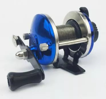 Mini metal fishing reel with red and blue electroplated finish, 50M wire capacity