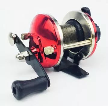 Mini metal fishing reel with red and blue electroplated finish, 50M wire capacity
