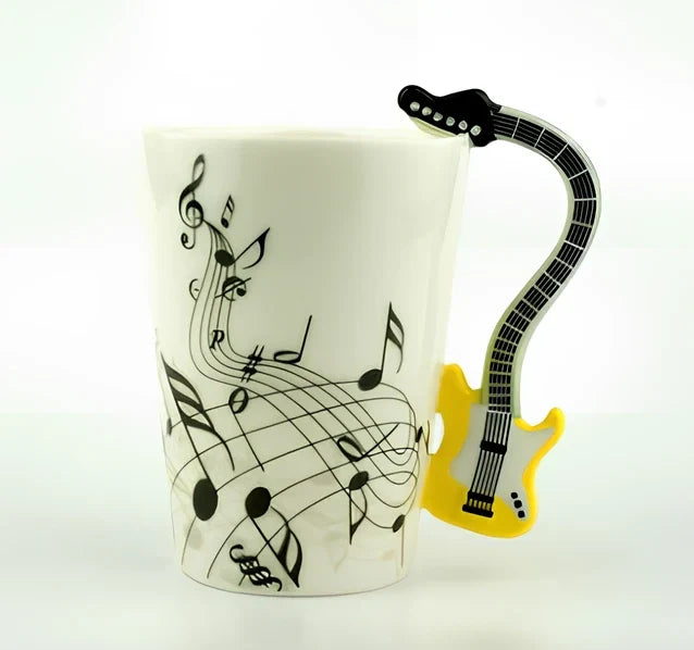 Ceramic music mug with violin-shaped handle showing 240ml capacity and smooth glazed interior