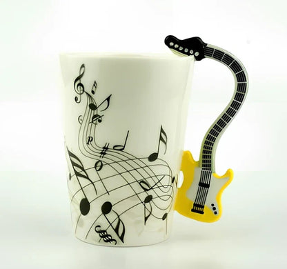 Ceramic music mug with violin-shaped handle showing 240ml capacity and smooth glazed interior