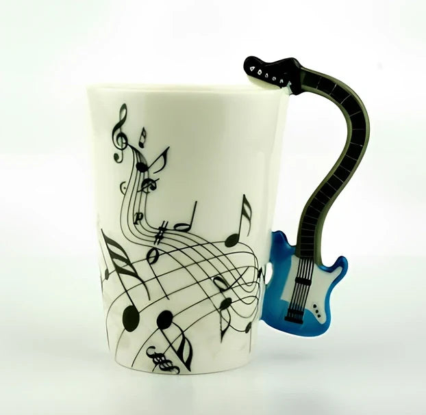 Ceramic music mug with violin-shaped handle showing 240ml capacity and smooth glazed interior