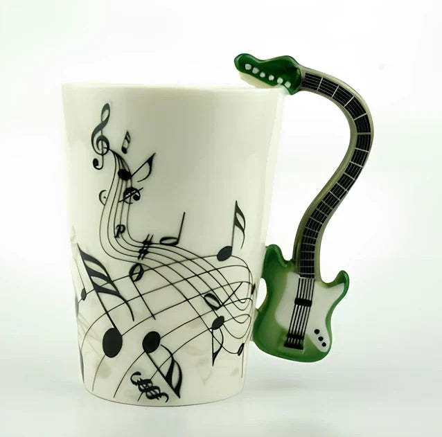 Ceramic music mug with violin-shaped handle showing 240ml capacity and smooth glazed interior