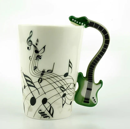 Ceramic music mug with violin-shaped handle showing 240ml capacity and smooth glazed interior