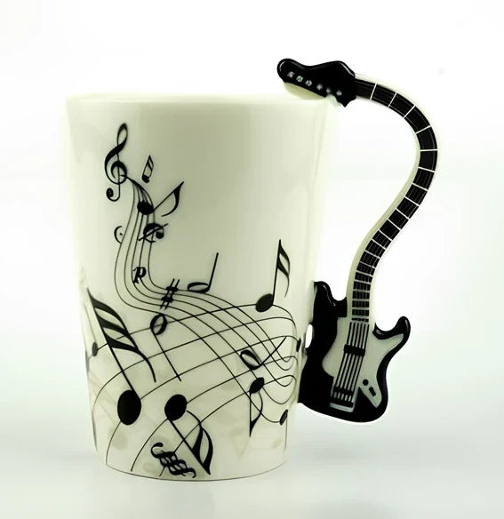 Ceramic music mug with violin-shaped handle showing 240ml capacity and smooth glazed interior