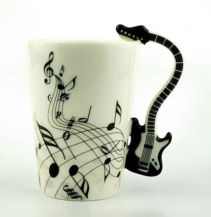 Ceramic music mug with violin-shaped handle showing 240ml capacity and smooth glazed interior