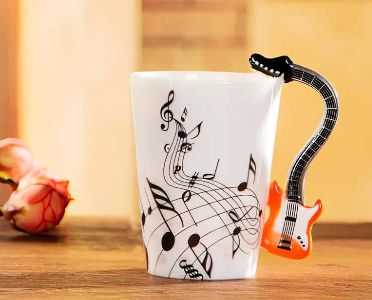 Ceramic music mug with violin-shaped handle showing 240ml capacity and smooth glazed interior