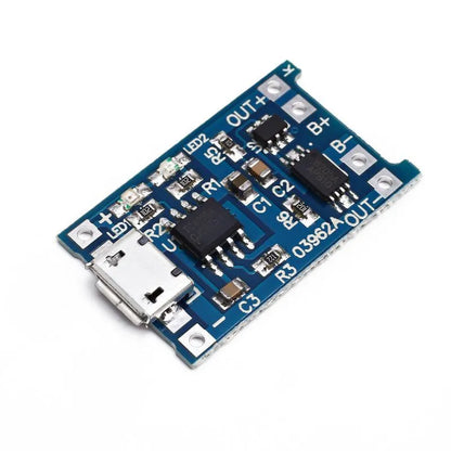 Blue lithium battery charging protection circuit board measuring 2.6cm by 1.7cm with visible components