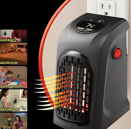 Compact white electric wall heater showing control buttons and ceramic heating element