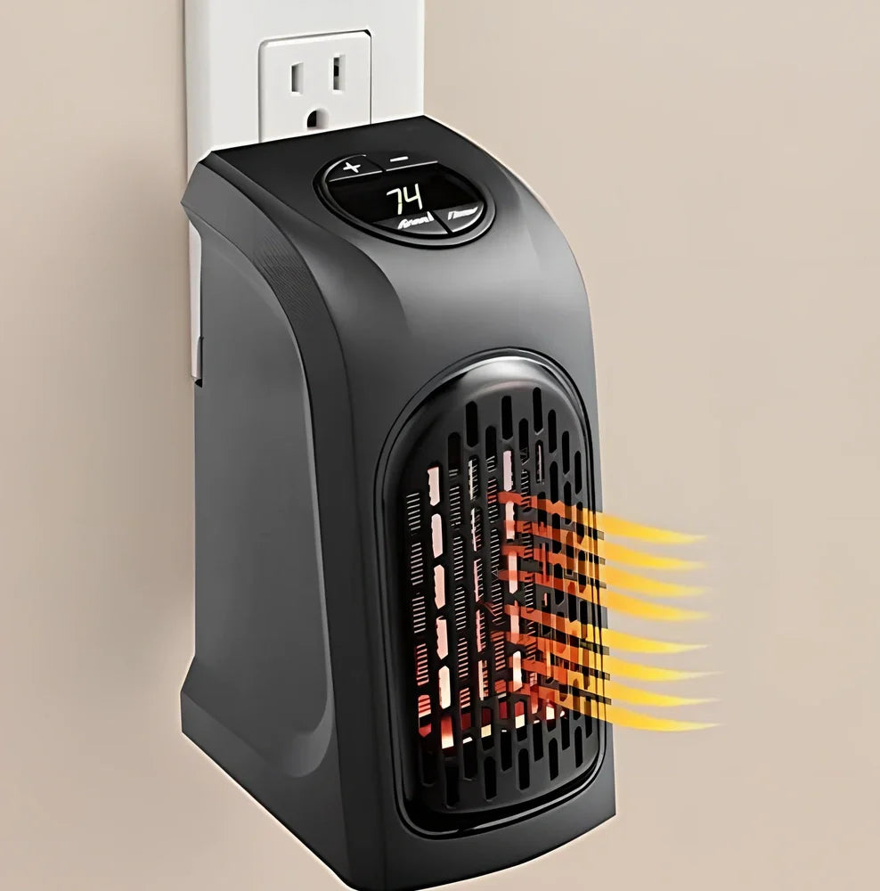 Compact white electric wall heater showing control buttons and ceramic heating element