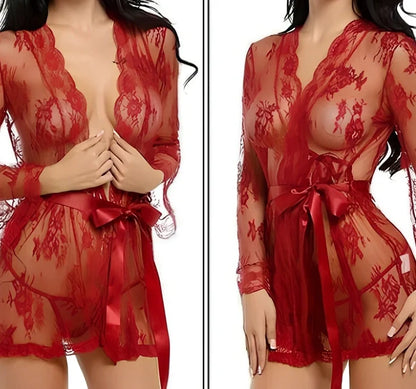 Black strappy nightdress and full-length polyester bathrobe set for sizes M to 5XL, lightweight at 300g with adjustable straps