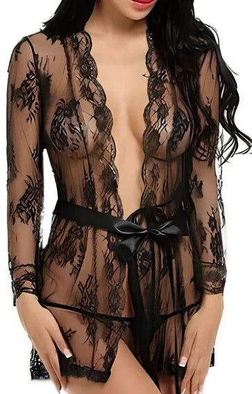 Black strappy nightdress and full-length polyester bathrobe set for sizes M to 5XL, lightweight at 300g with adjustable straps