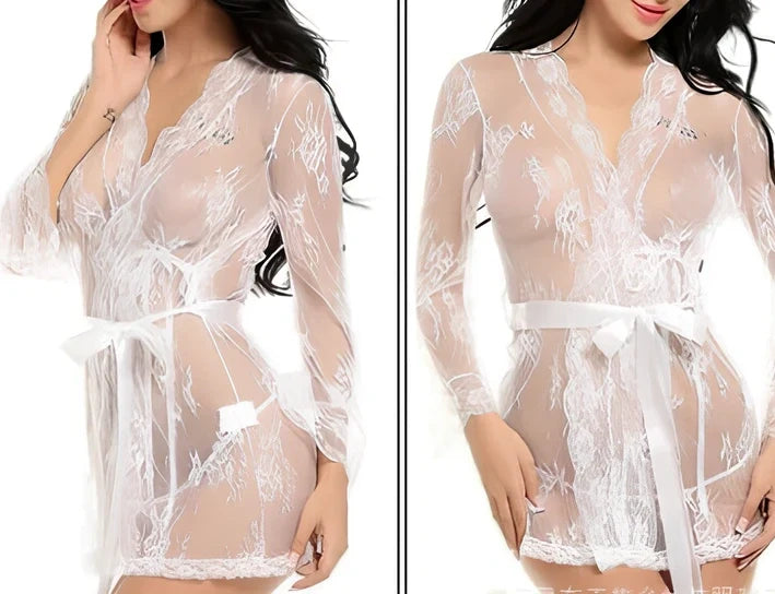 Black strappy nightdress and full-length polyester bathrobe set for sizes M to 5XL, lightweight at 300g with adjustable straps